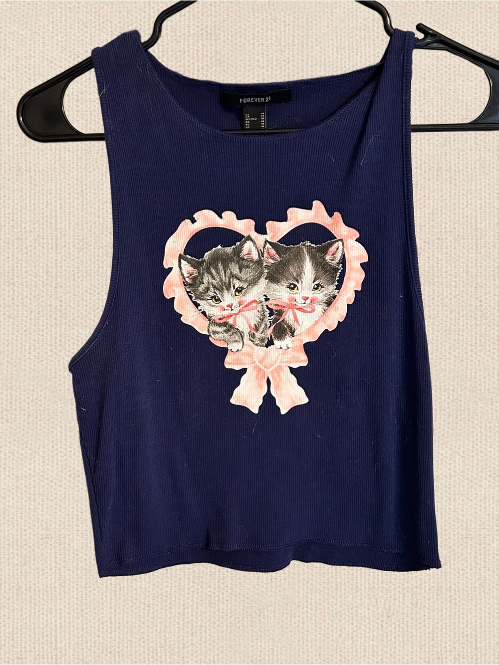 Forever 21 Navy Tank Top with Pink Heart Kitten Graphic